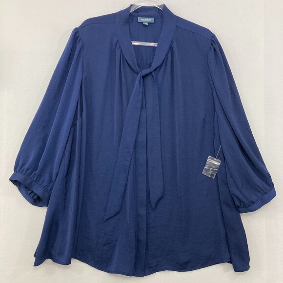 Modcloth size 3X Navy Tie Front 3/4 Sleeve Elegant Button Down Office Career - Picture 1 of 12
